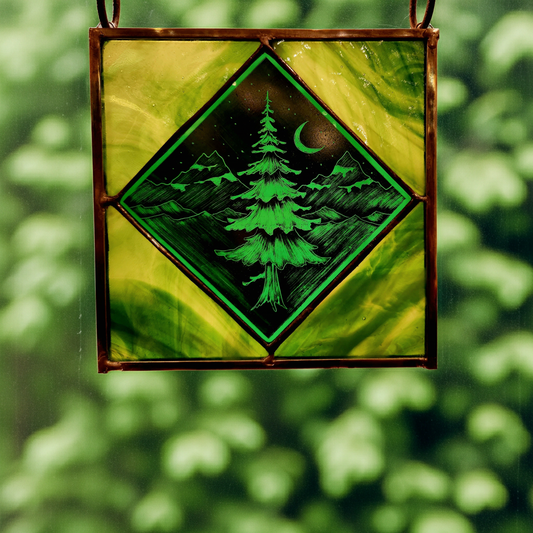 Tree in Green and Turquoise Stained Glass Window Hanging