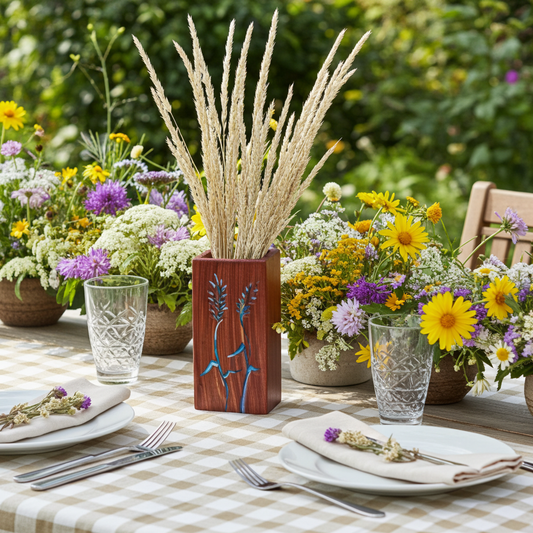 Handmade Cedar Vase for Dried Arrangements, Handpainted Grasses