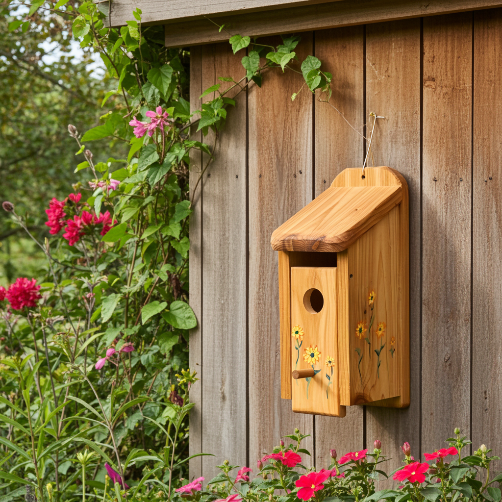 Handmade Cedar Bluebird Box, Flowers Design