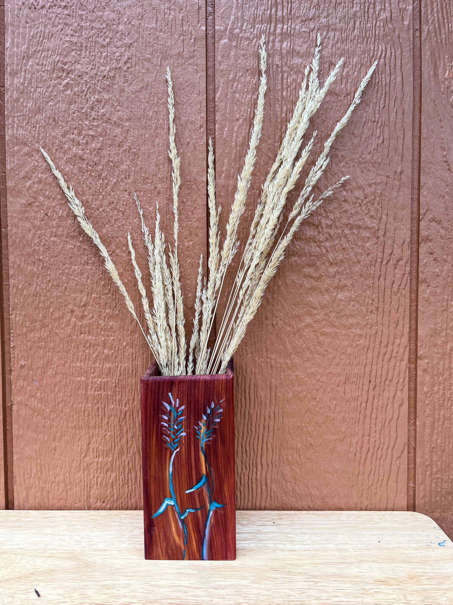 Handmade Cedar Vase for Dried Arrangements, Handpainted Grasses