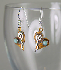 Patina Silver Tiny Heart Earrings with Pale Green Banded Agate and Sterling Silver Wavy Spiral, AE1, Lois Linn Jewelry