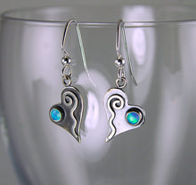 Load image into Gallery viewer, Shiny Silver Tiny Heart Earrings with Blue Opals and Wavy Spiral Hearts, AE1j , Lois Linn Jewelry