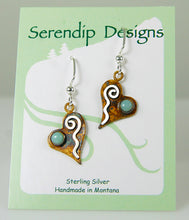 Load image into Gallery viewer, Patina Silver Tiny Heart Earrings with Pale Green Banded Agate and Sterling Silver Wavy Spiral, AE1, Lois Linn Jewelry