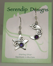 Load image into Gallery viewer, Sterling Silver Petite Moon & Star Earrings with Purple Paua and Silver Spirals, AE3j, Lois Linn Jewelry