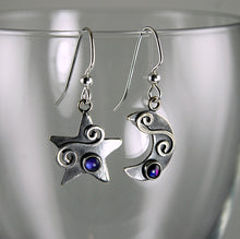 Load image into Gallery viewer, Sterling Silver Petite Moon & Star Earrings with Purple Paua and Silver Spirals, AE3j, Lois Linn Jewelry