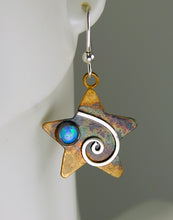 Load image into Gallery viewer, Sterling Silver Moon & Star Earrings with Blue Opals and Mystic Spirals, AE4 , Lois Linn Jewelry