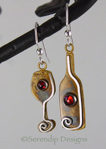 Wine Bottle and Glass Earrings in Patina Sterling Silver with Red Paua Shell Cabochons, BE3r, Lois Linn Jewelry