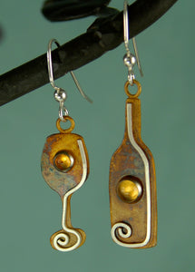 Wine Bottle and Glass Earrings in Patina Sterling Silver with Citrine Cabochons, BE3w, Lois Linn Jewelry