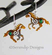 Load image into Gallery viewer, Sterling Silver Spiral Running Horse Earrings with Patina, Green Paua Shell, and Mystic Spirals, HE1, Lois Linn Jewelry
