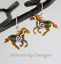 Load image into Gallery viewer, Sterling Silver Spiral Running Horse Earrings with Patina, Green Paua Shell, and Mystic Spirals, HE1, Lois Linn Jewelry