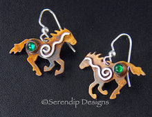 Load image into Gallery viewer, Sterling Silver Spiral Running Horse Earrings with Patina, Green Paua Shell, and Mystic Spirals, HE1, Lois Linn Jewelry