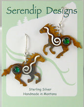 Load image into Gallery viewer, Sterling Silver Spiral Running Horse Earrings with Patina, Green Paua Shell, and Mystic Spirals, HE1, Lois Linn Jewelry