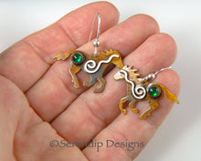 Load image into Gallery viewer, Sterling Silver Spiral Running Horse Earrings with Patina, Green Paua Shell, and Mystic Spirals, HE1, Lois Linn Jewelry
