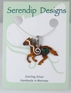 Sterling Silver Wild Mustang Pendant with Spiral and Green Paua Shell Cabochon, HN1, Lois Linn Jewelry