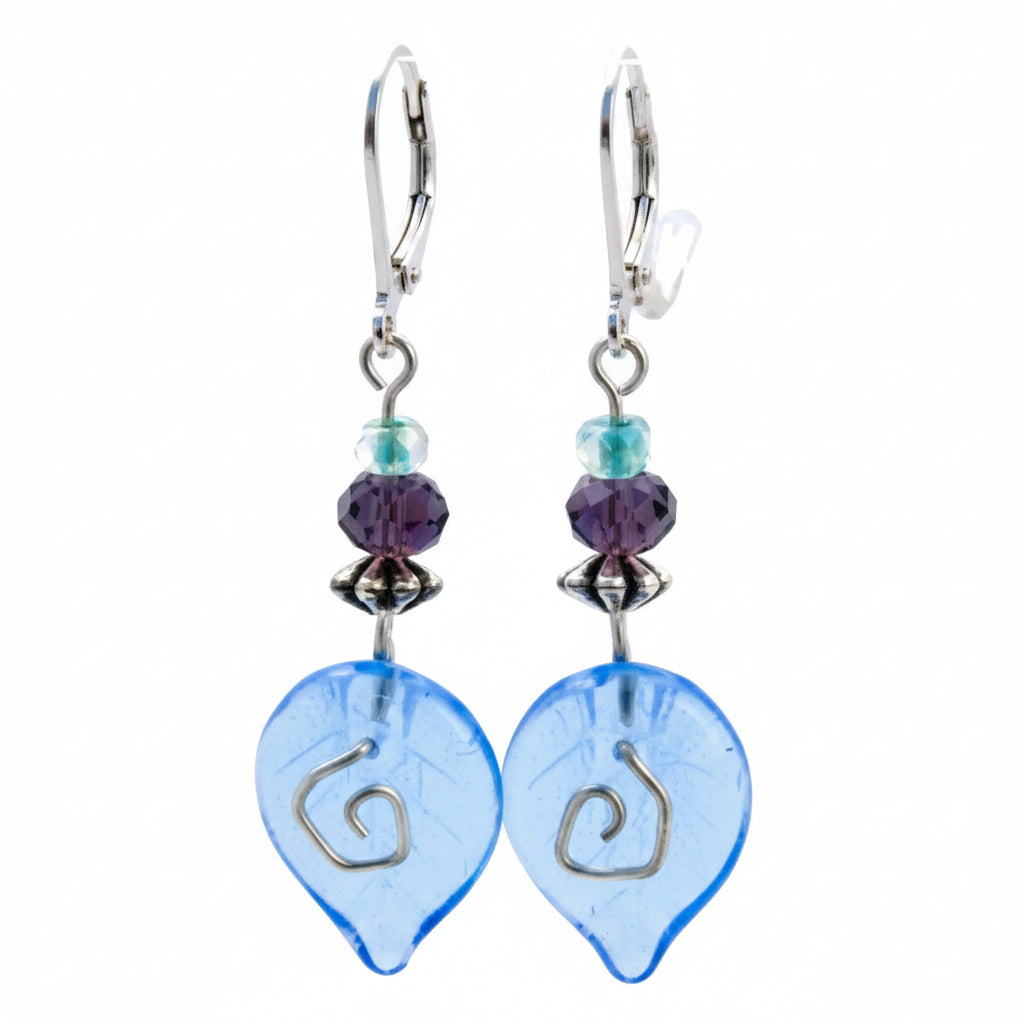Light Blue Glass Leaf and Metal Bead Earrings
