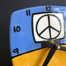 Load image into Gallery viewer, Peace Sign Clock (Desk Size) Blue and Yellow, Glenn Parks
