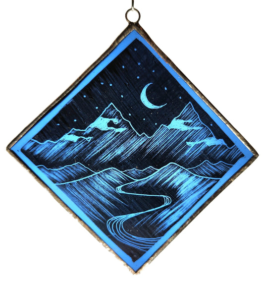 Blue Square Ornament, Towering Mountains