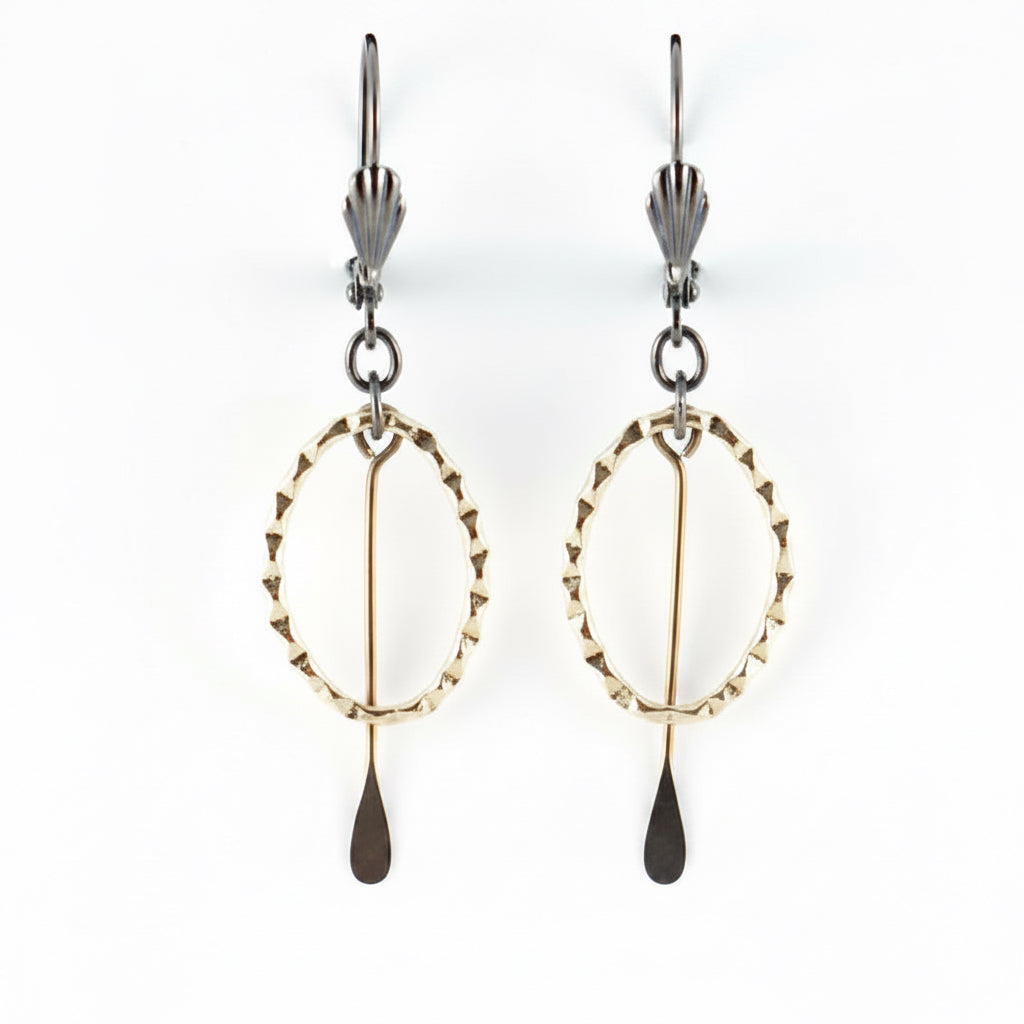 Gold-plated oval earrings with gunmetal lever-back ear wire