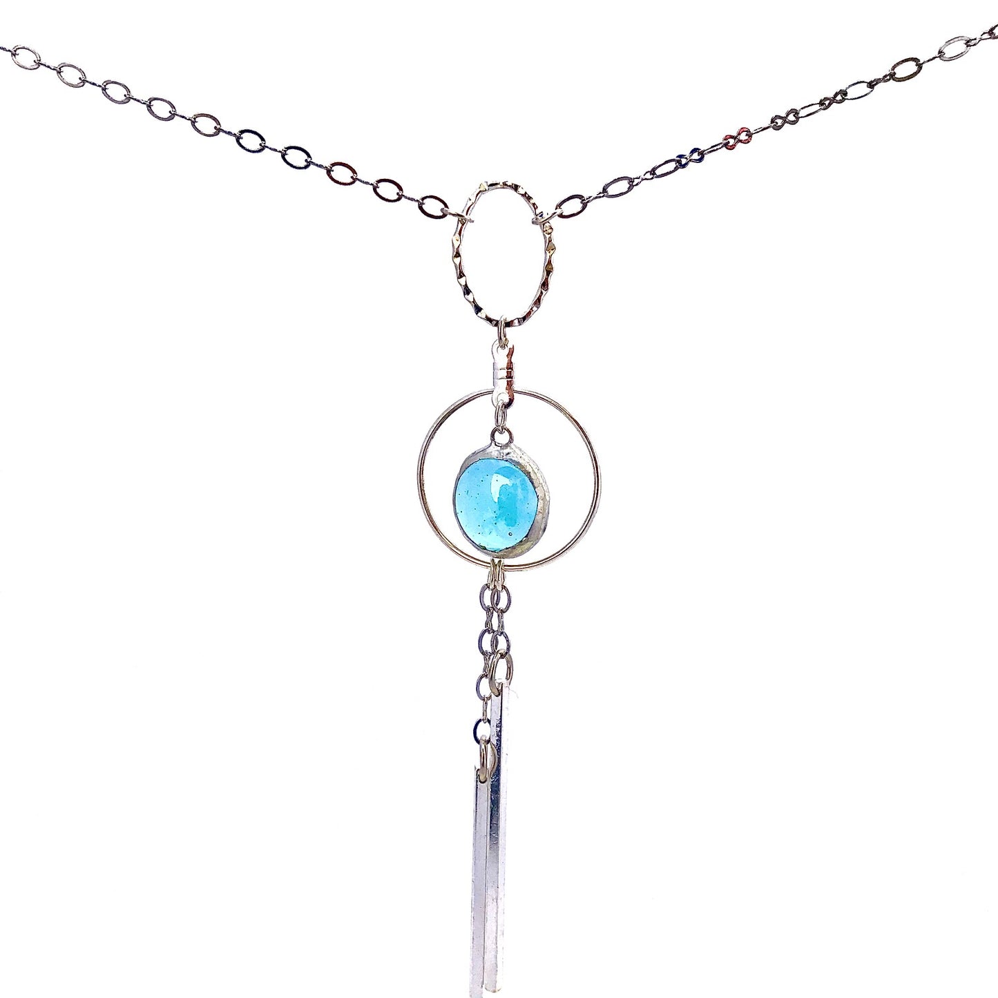 Light blue iridescent stained glass on 25" chain