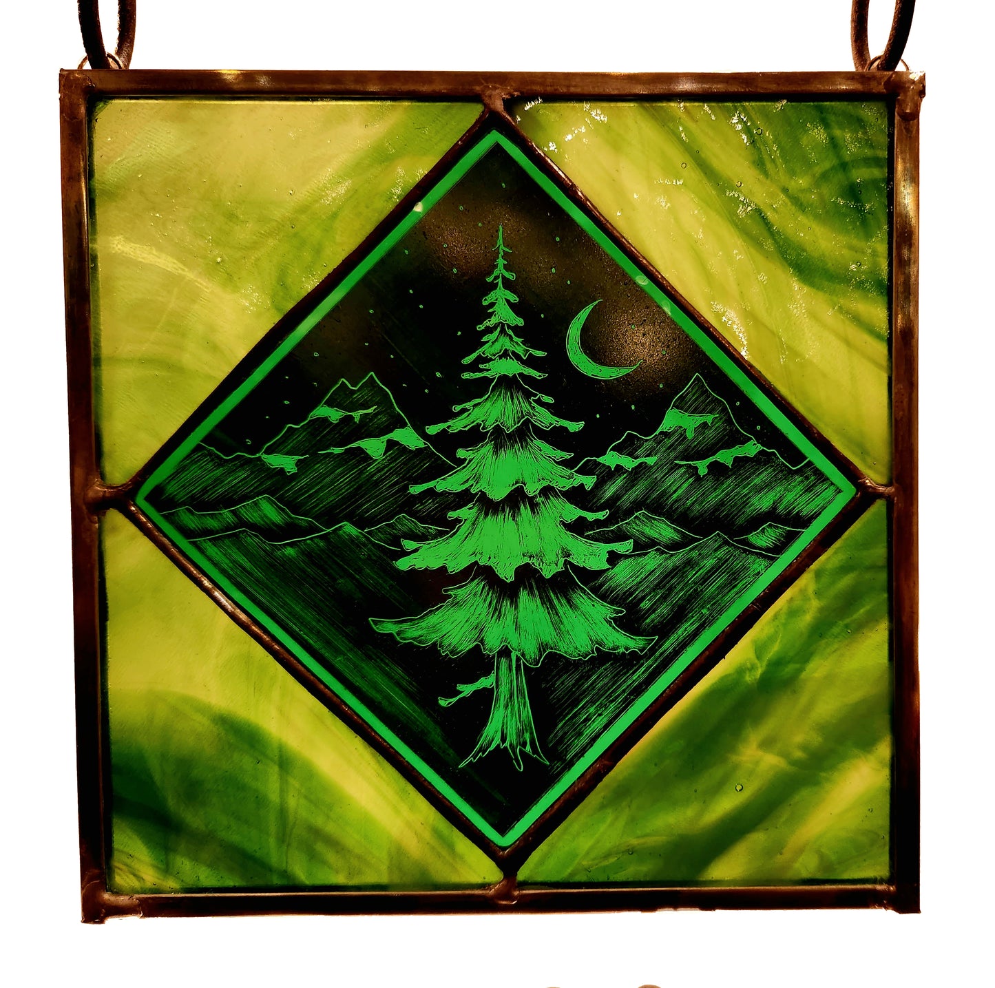 Tree in Green and Turquoise Stained Glass Window Hanging