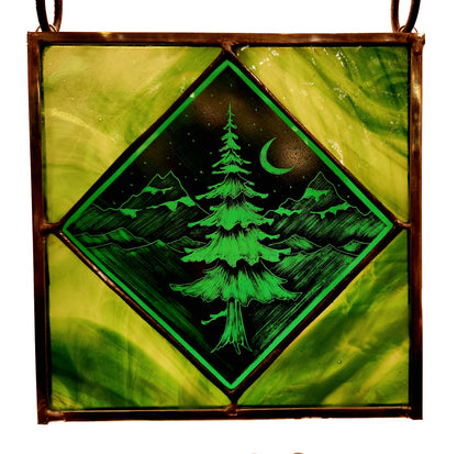 Tree in Green and Turquoise Stained Glass Window Hanging