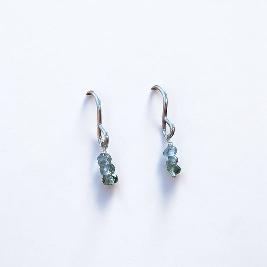 Pair of silver earrings with Montana sapphire gemstones.