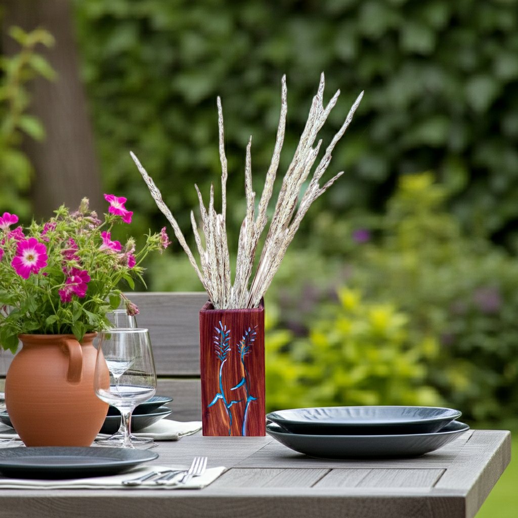 Handmade Cedar Vase for Dried Arrangements, Handpainted Grasses