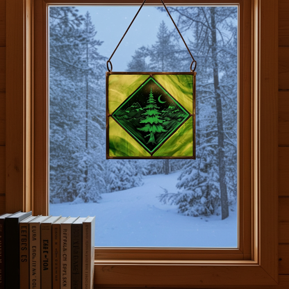 Tree in Green and Turquoise Stained Glass Window Hanging