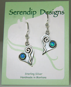 Shiny Silver Tiny Heart Earrings with Blue Opals and Wavy Spiral Hearts, AE1j , Lois Linn Jewelry
