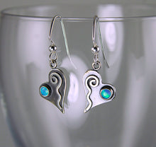 Load image into Gallery viewer, Shiny Silver Tiny Heart Earrings with Blue Opals and Wavy Spiral Hearts, AE1j , Lois Linn Jewelry
