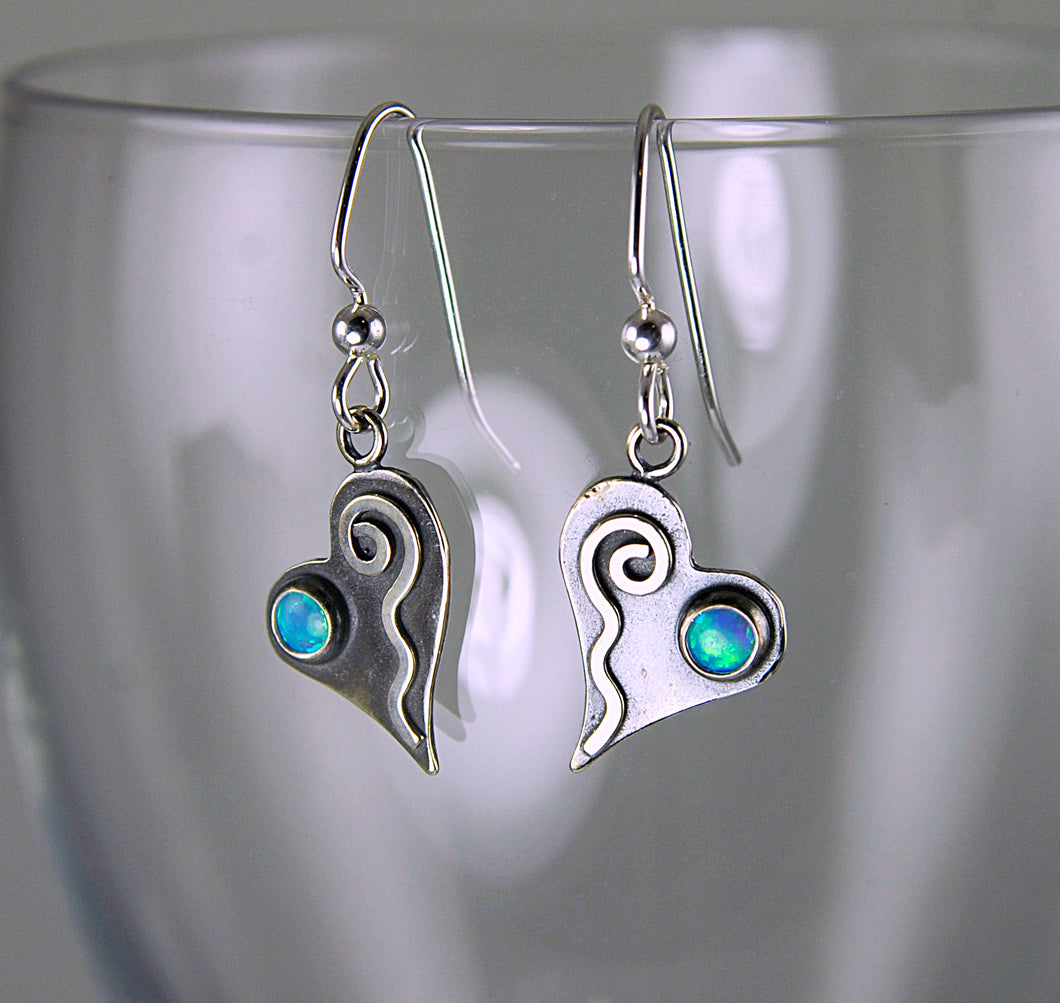 Shiny Silver Tiny Heart Earrings with Blue Opals and Wavy Spiral Hearts, AE1j , Lois Linn Jewelry
