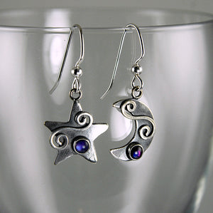 Sterling Silver Petite Moon & Star Earrings with Purple Paua and Silver Spirals, AE3j, Lois Linn Jewelry