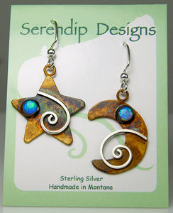 Sterling Silver Moon & Star Earrings with Blue Opals and Mystic Spirals, AE4 , Lois Linn Jewelry