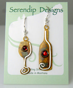 Wine Bottle and Glass Earrings in Patina Sterling Silver with Red Paua Shell Cabochons, BE3r, Lois Linn Jewelry
