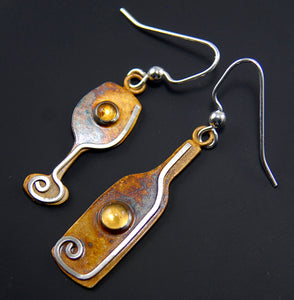 Wine Bottle and Glass Earrings in Patina Sterling Silver with Citrine Cabochons, BE3w, Lois Linn Jewelry