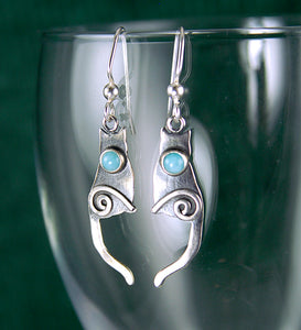 Shiny Sterling Silver Cat Earrings set with Amazonite Cabochons CE2j, Lois Linn Jewelry