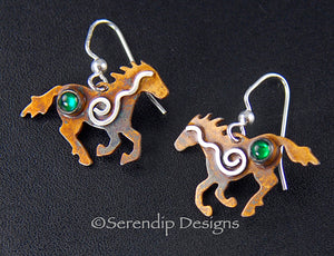 Sterling Silver Spiral Running Horse Earrings with Patina, Green Paua Shell, and Mystic Spirals, HE1, Lois Linn Jewelry