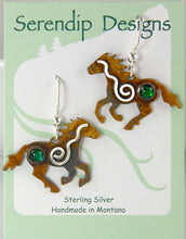 Load image into Gallery viewer, Sterling Silver Spiral Running Horse Earrings with Patina, Green Paua Shell, and Mystic Spirals, HE1, Lois Linn Jewelry
