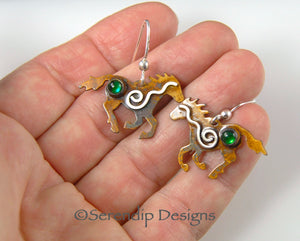 Sterling Silver Spiral Running Horse Earrings with Patina, Green Paua Shell, and Mystic Spirals, HE1, Lois Linn Jewelry