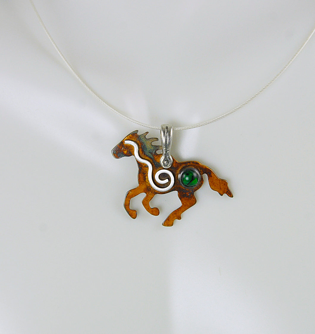 Sterling Silver Wild Mustang Pendant with Spiral and Green Paua Shell Cabochon, HN1, Lois Linn Jewelry