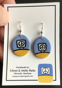 Ceramic Peace Sign Earrings ,Baby Blue and Yellow, Glenn Parks