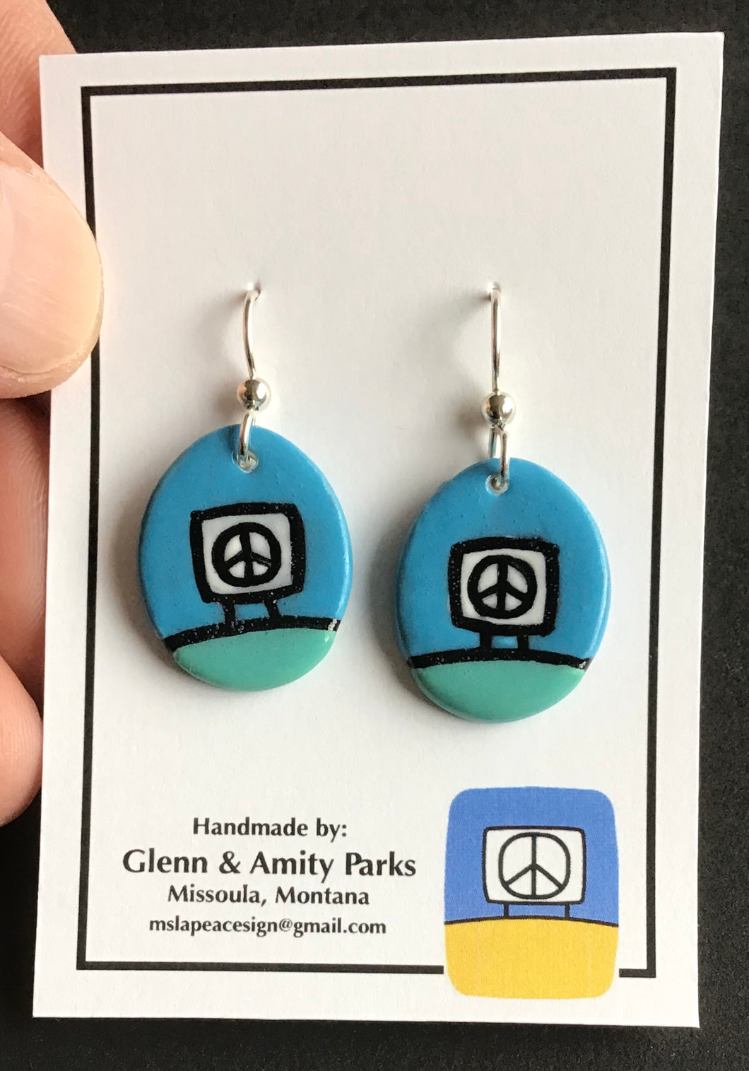 Ceramic Peace Sign Earrings ,Lime and Forest Green, Glenn Parks
